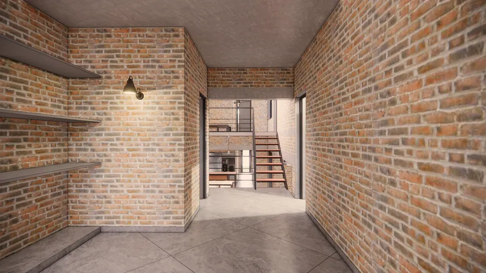 Rendered brick corridor with shelves and a wall lamp, the steel stair at the far end