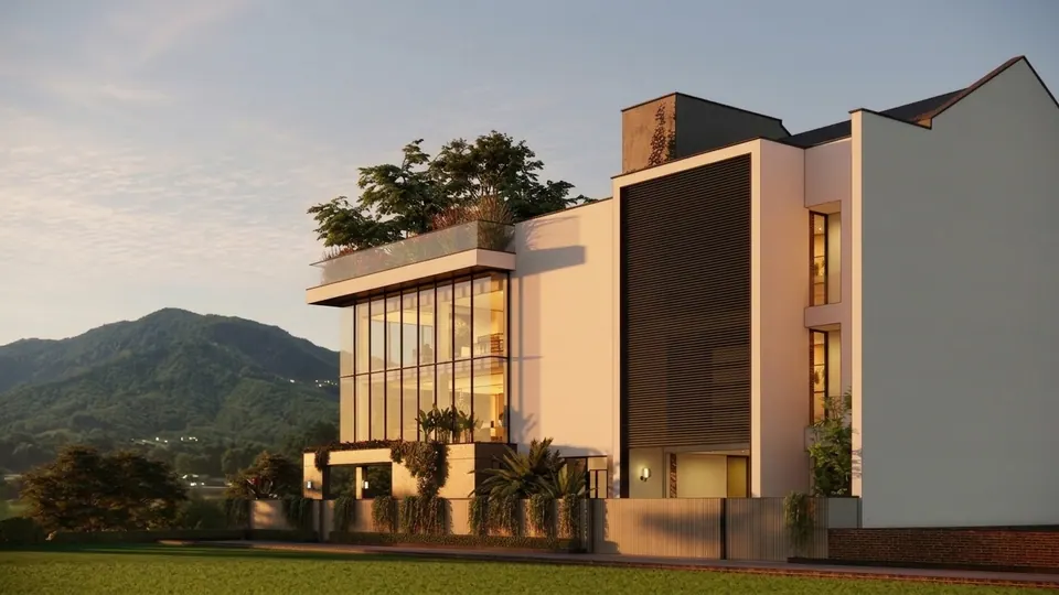 Rendered side view against a wooded mountain: a glazed corner below a planted roof terrace and a dark slatted panel