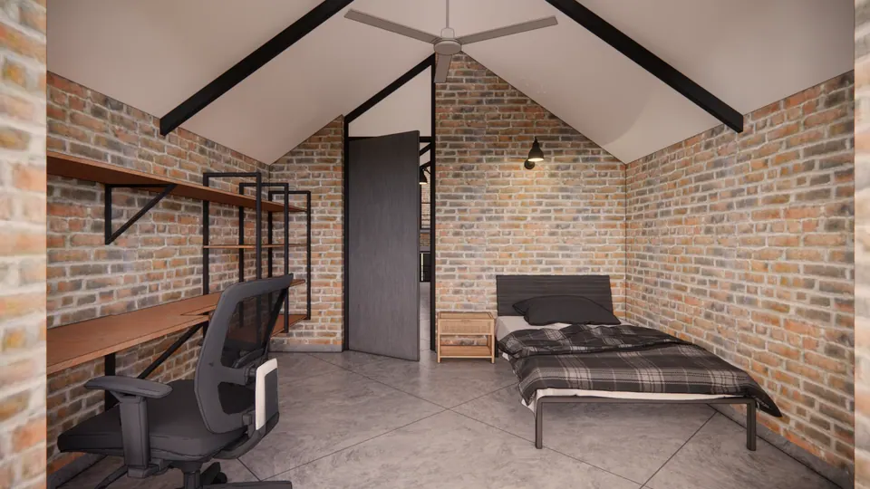 Rendered attic bedroom under black roof trusses with a single bed, a desk, a chair and steel-framed shelves
