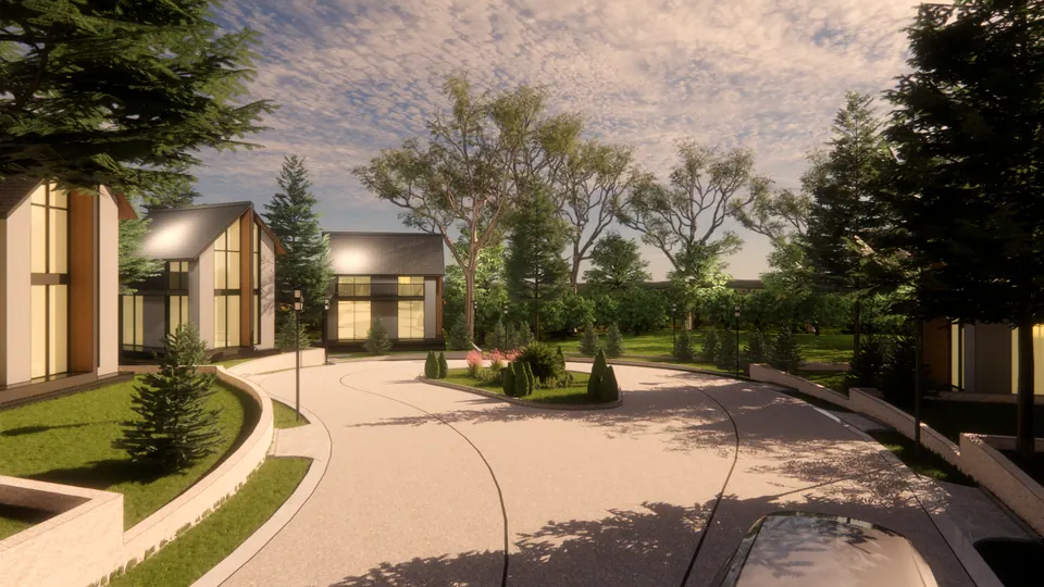 Rendered road curving around a planted island, glazed gabled houses on raised plots