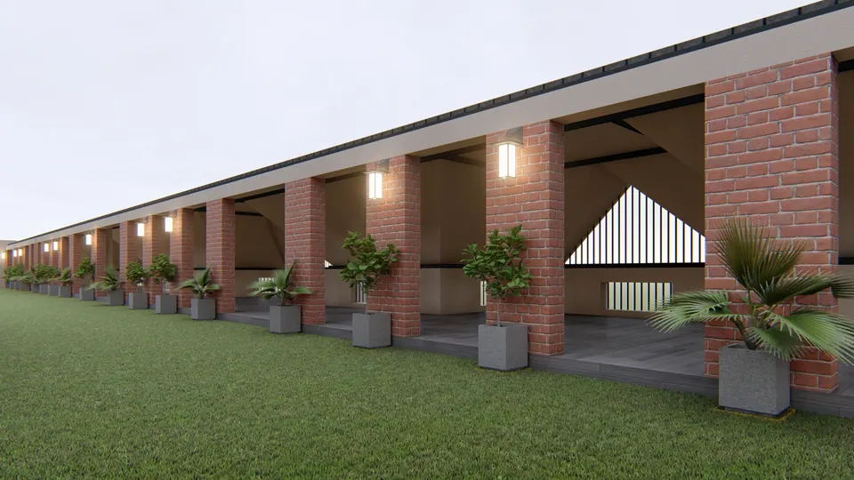 Rendered colonnade of brick piers with wall lights and potted palms beside a lawn