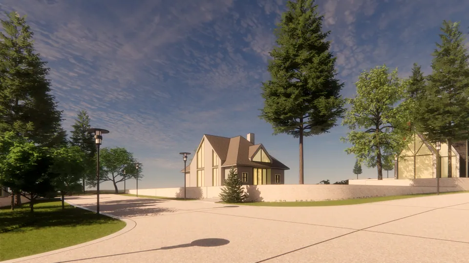 Rendered wide road bend with a gabled house and a glazed pavilion behind a low wall