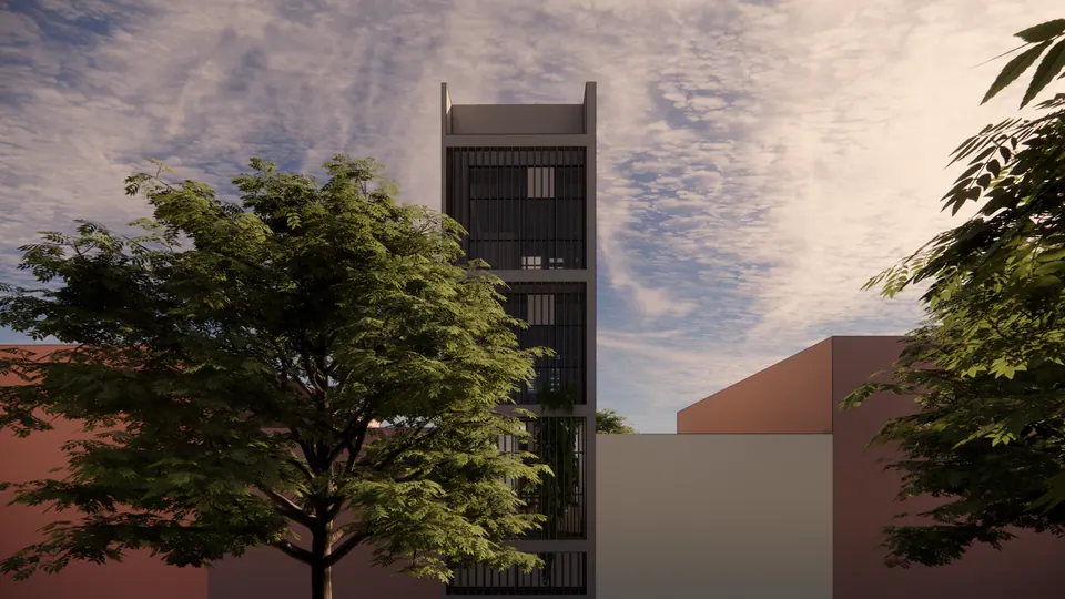 Rendered view of the slender louvred facade rising behind trees, between pink and pale neighbouring volumes
