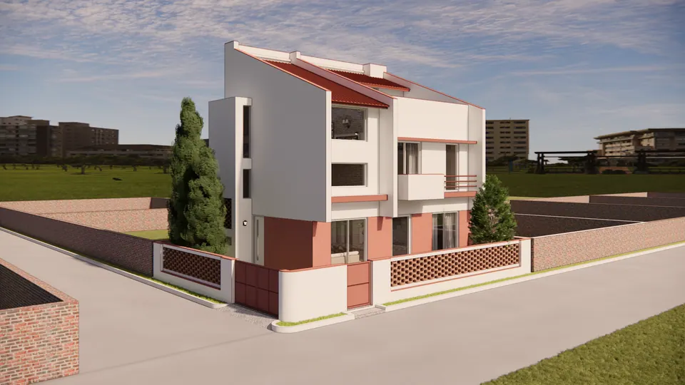 Rendered corner view: a three-storey house in white and terracotta render with a sloping red roof, brick jali walls and cypresses