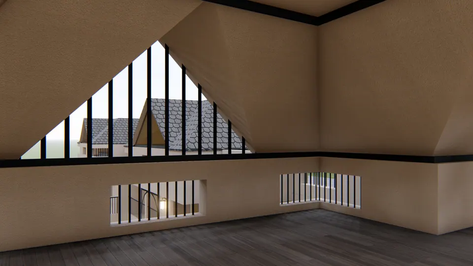 Rendered attic with a triangular glazed gable looking out to slate-roofed dormers