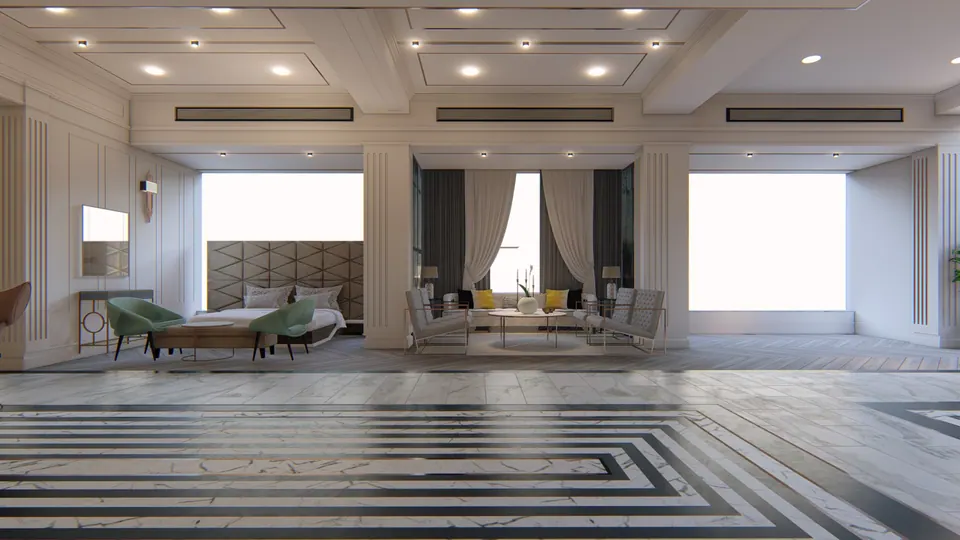 Rendered hall with a banded marble floor, lounge seating groups, tall curtains and a coffered ceiling