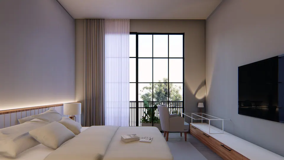 Rendered bedroom with a long TV wall, a slim timber console and a black-framed glazed door to a planted balcony