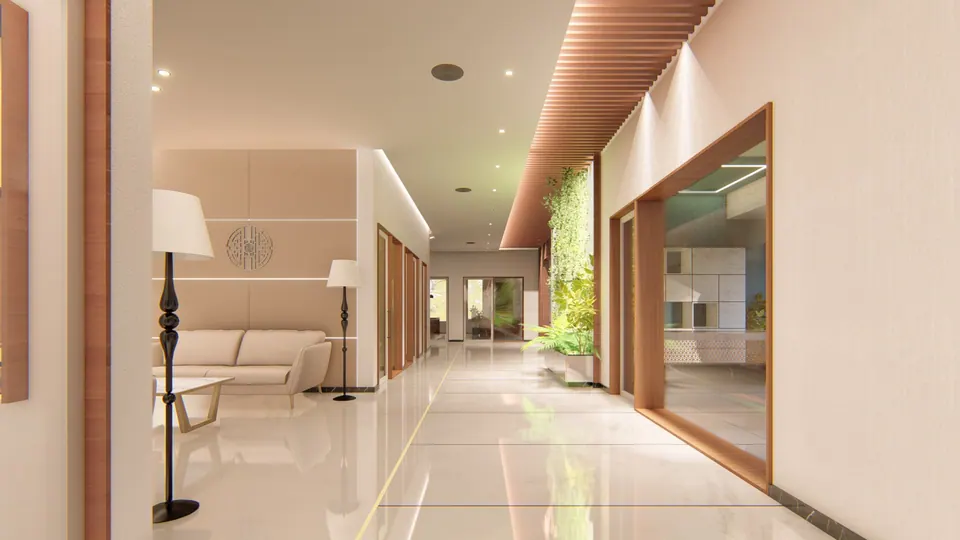 Rendered corridor with a timber slatted ceiling, glass cabin fronts, vertical planting and a sitting area at left