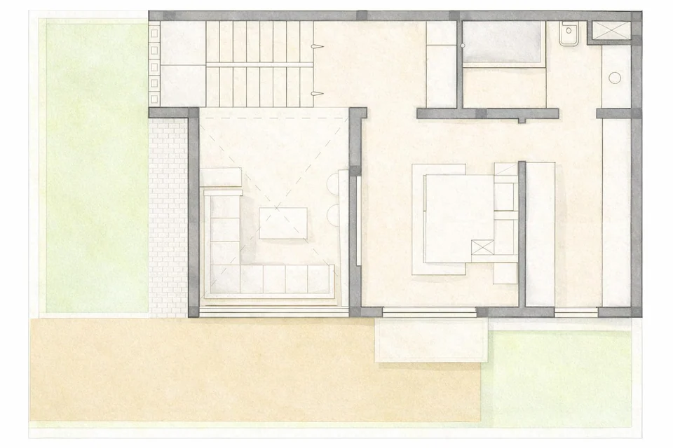 Watercolour-style first floor plan: the stair, a lounge beside the double-height void, a bedroom and a bathroom