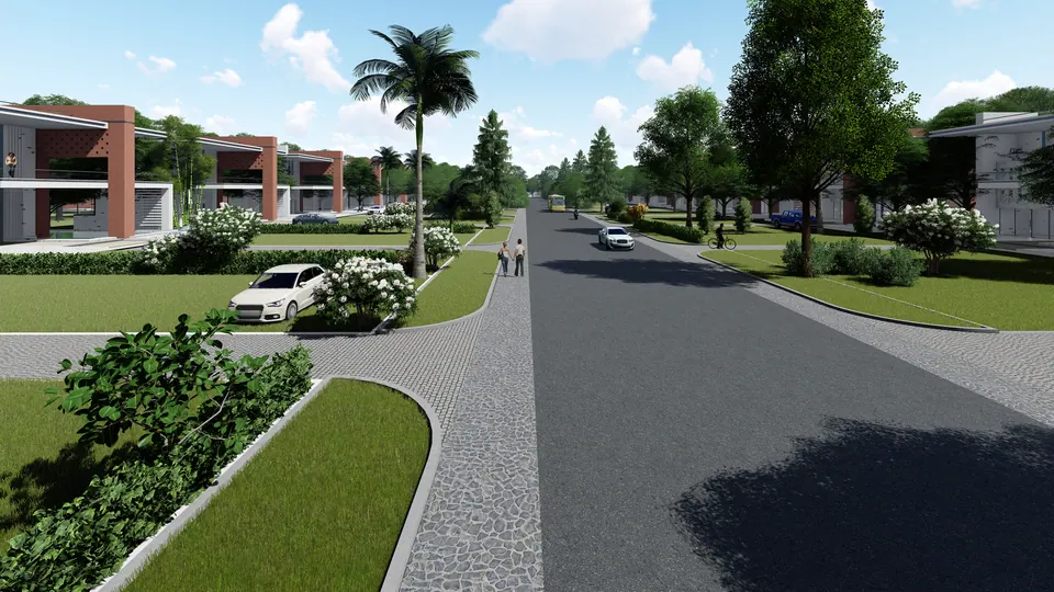Rendered straight residential street with lawns, a palm and houses with brick and white facades