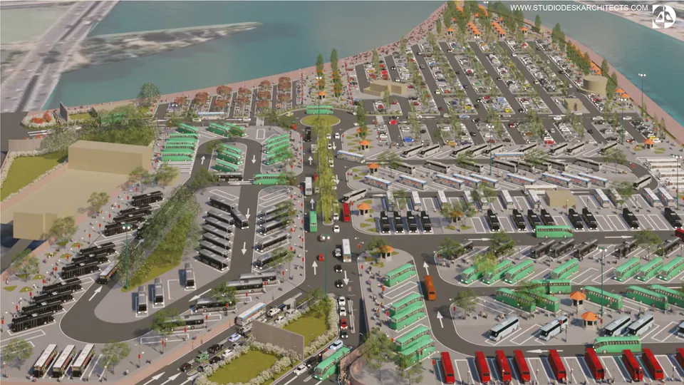 Rendered aerial of the riverside parking: bus and car bays in rows along internal roads, the river beyond