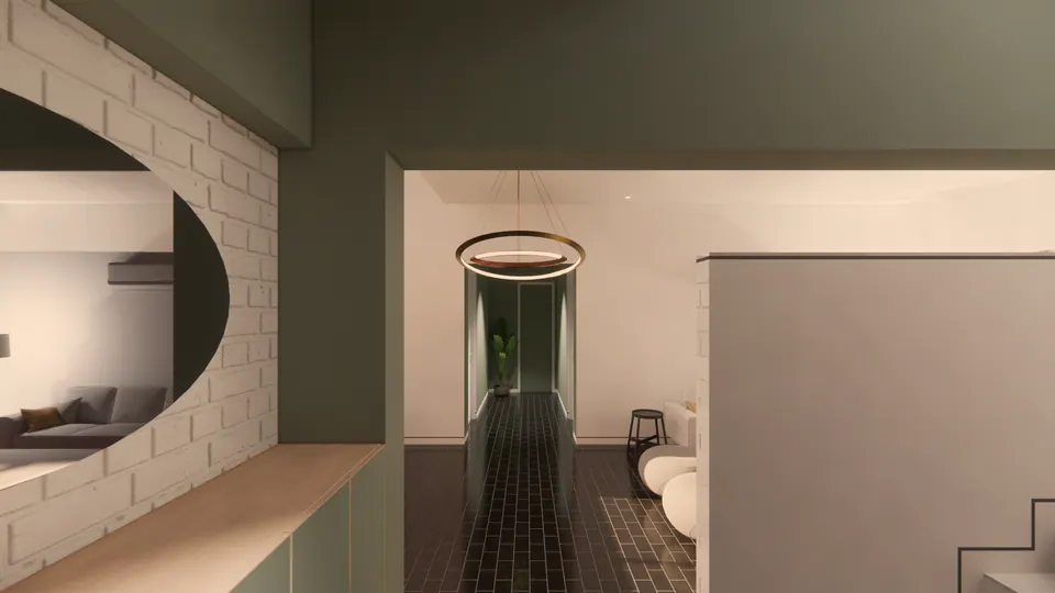 Rendered round opening in a white brick wall framing a hallway with a ring pendant and dark floor tiles