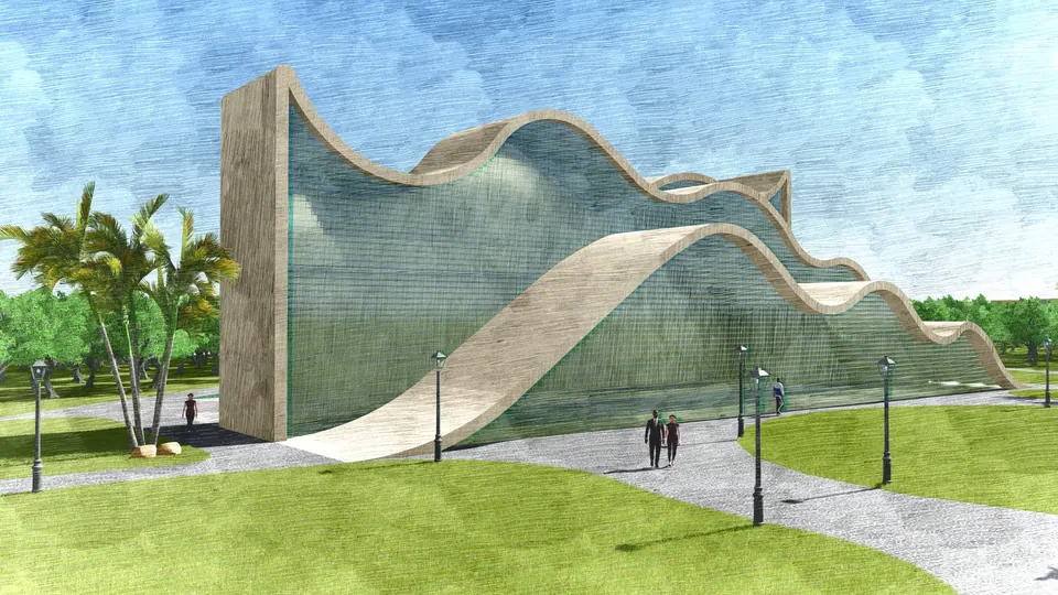 Rendered glass building with a wavy concrete roof edge rising from a lawn, palms and lamp posts