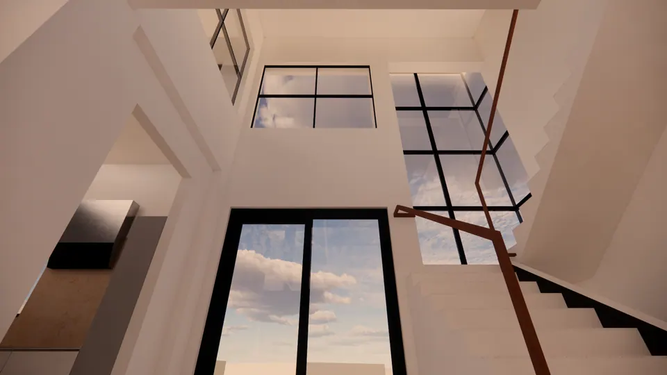 Rendered double-height stair hall with tall black-framed windows and a timber handrail, seen from below