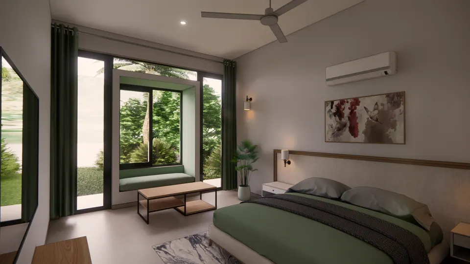 Rendered bedroom with green bedding and a window seat in a deep bay window overlooking the garden