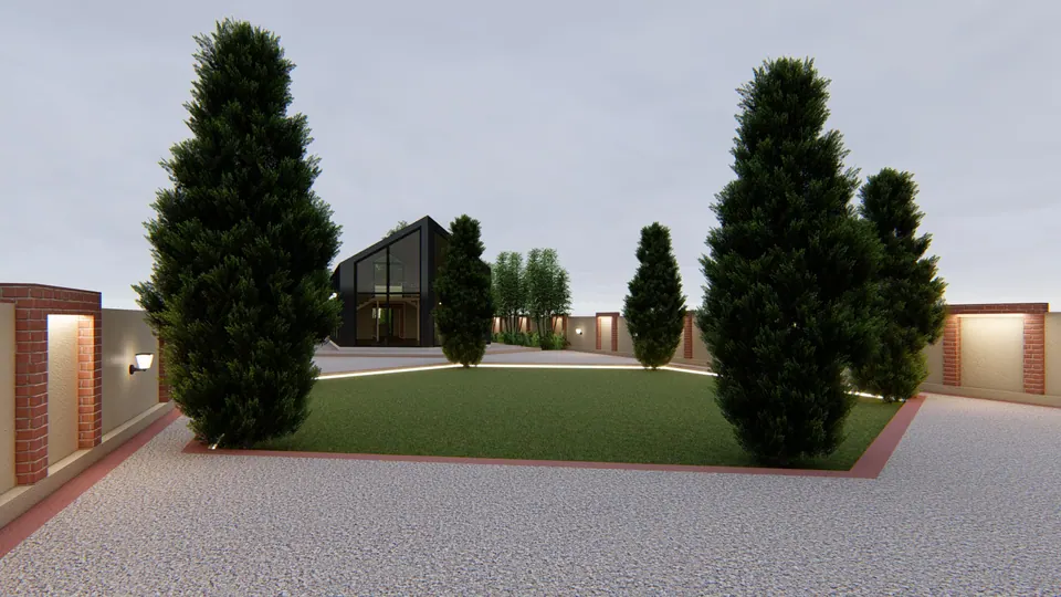 Rendered lawn framed by tall cypresses and a gravel walk, with a glazed gable pavilion in the background