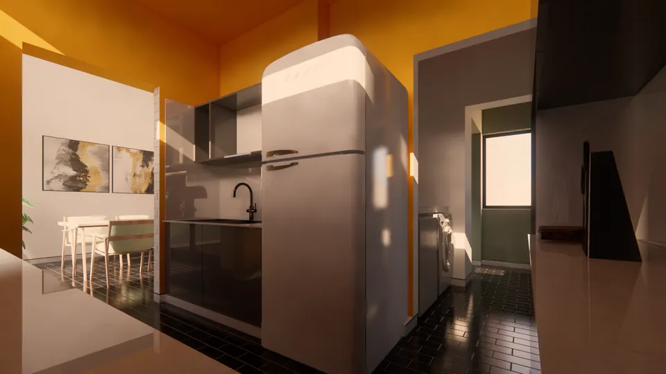 Rendered kitchen with a cream retro fridge and yellow walls, a dining table and a utility corner beyond