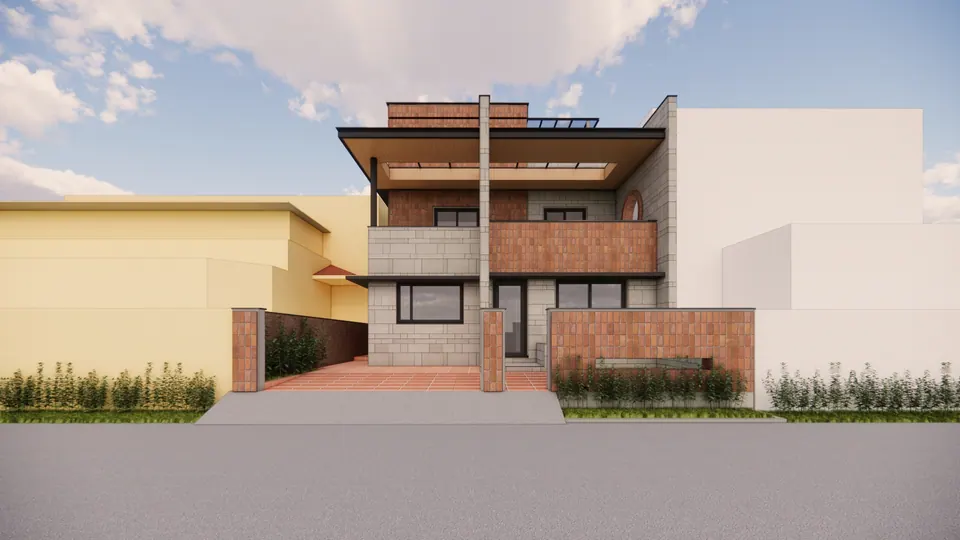 Rendered street front: a two-storey house in grey stone blocks and terracotta tiles with a deep balcony and a pergola roof