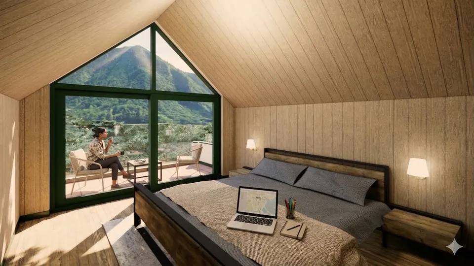 Rendered attic bedroom under a timber-lined gable; through the triangular glazed end a woman sits on the balcony facing wooded hills