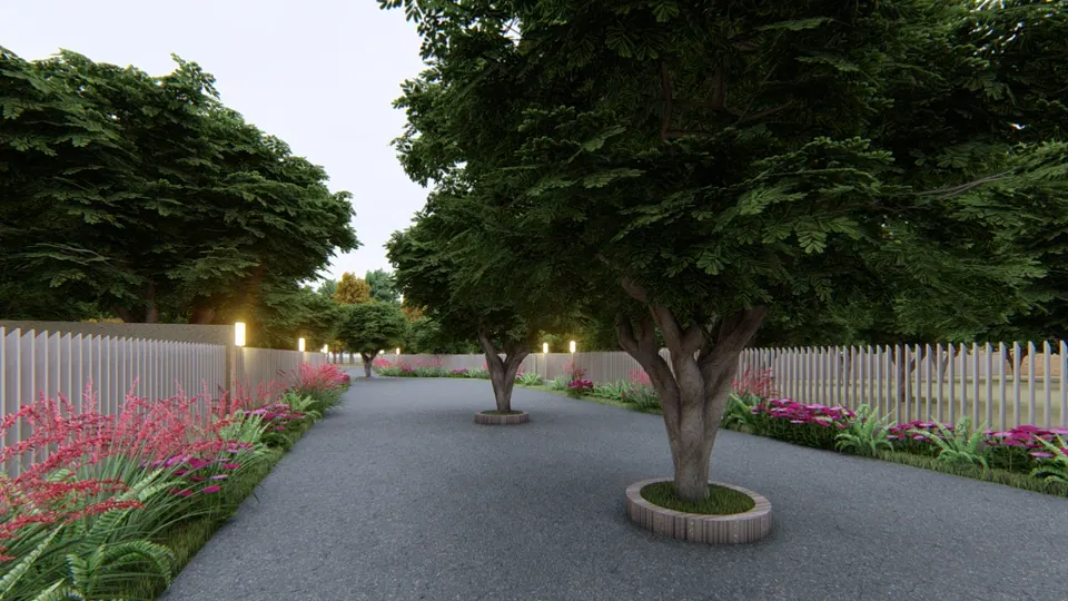Rendered internal drive lined with white picket fences and pink flower beds, a tree in a round brick planter at its centre