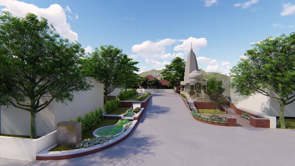 Rendered approach road with a lily pond in a brick-edged bed, the temple at the end of the street