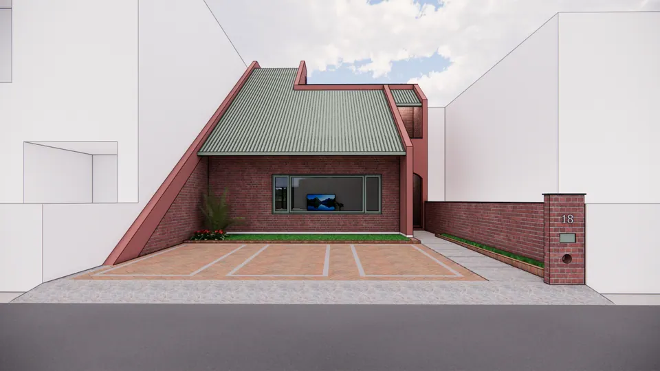Rendered front elevation in exposed brick: the green corrugated roof sloping to the ground, a wide window and a forecourt with three parking bays