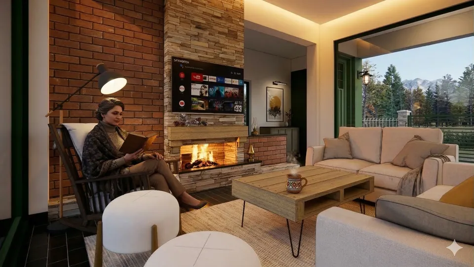 Rendered living room with a lit fireplace, a woman reading in a rocking chair, cream sofas and a timber coffee table