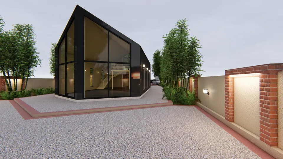 Rendered gabled pavilion with a glazed corner facing a gravel court, bamboo and a boundary wall with brick piers