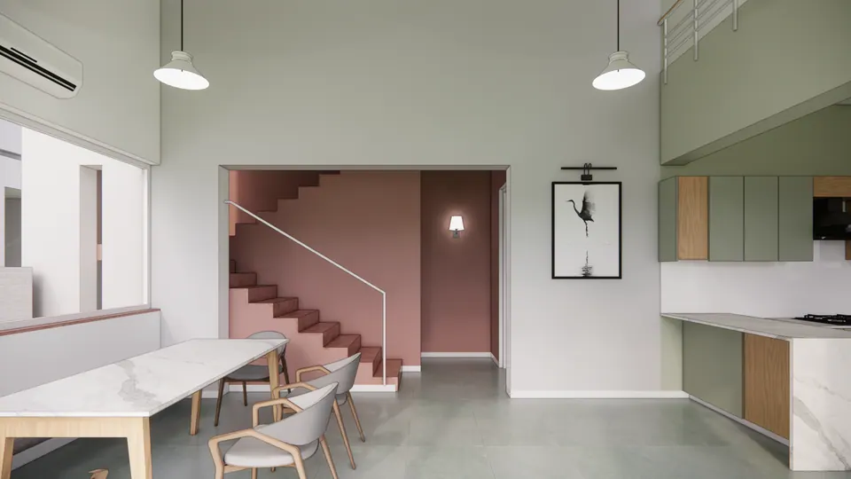 Rendered double-height dining room: a marble table with grey chairs, a dusty-pink stair wall and sage-green kitchen units