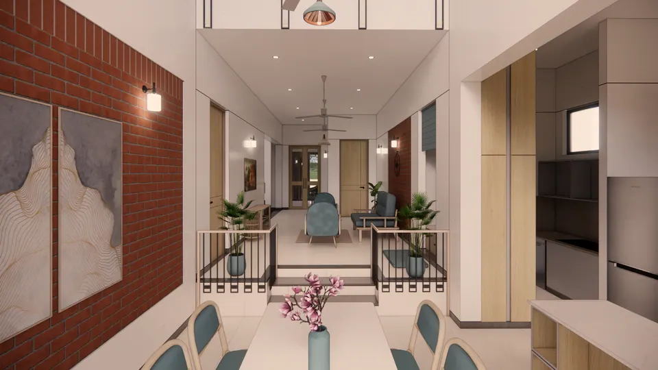 Rendered dining table with teal chairs before a brick wall with abstract art, opening to the living area beyond