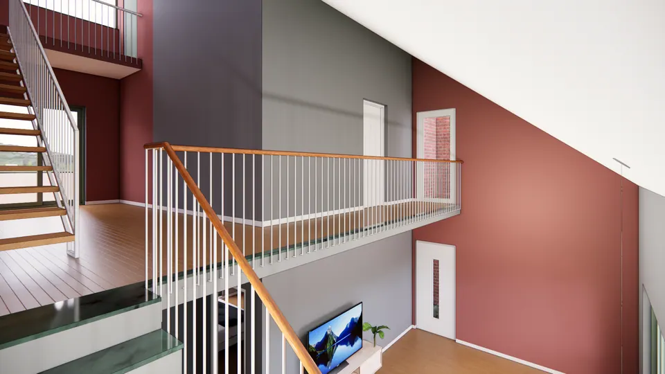 Rendered upper landing: a bridge with a timber handrail and white balusters over the double-height living room, and an open-riser stair