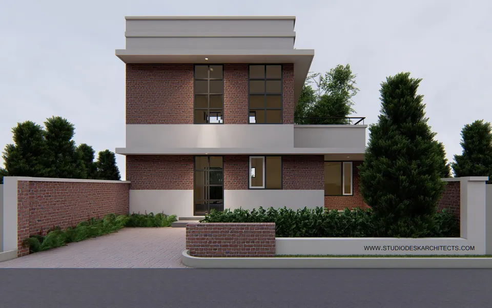 Rendered front of the two-storey brick house with white bands, a planted forecourt and brick boundary walls