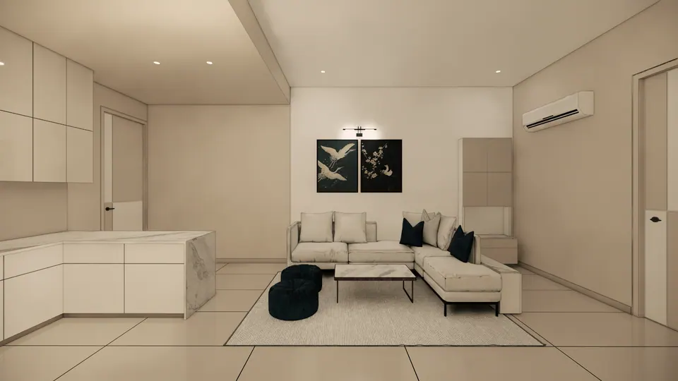 Rendered view across the living room from the kitchen island: the L-shaped sofa, a rug and a crane artwork on the far wall