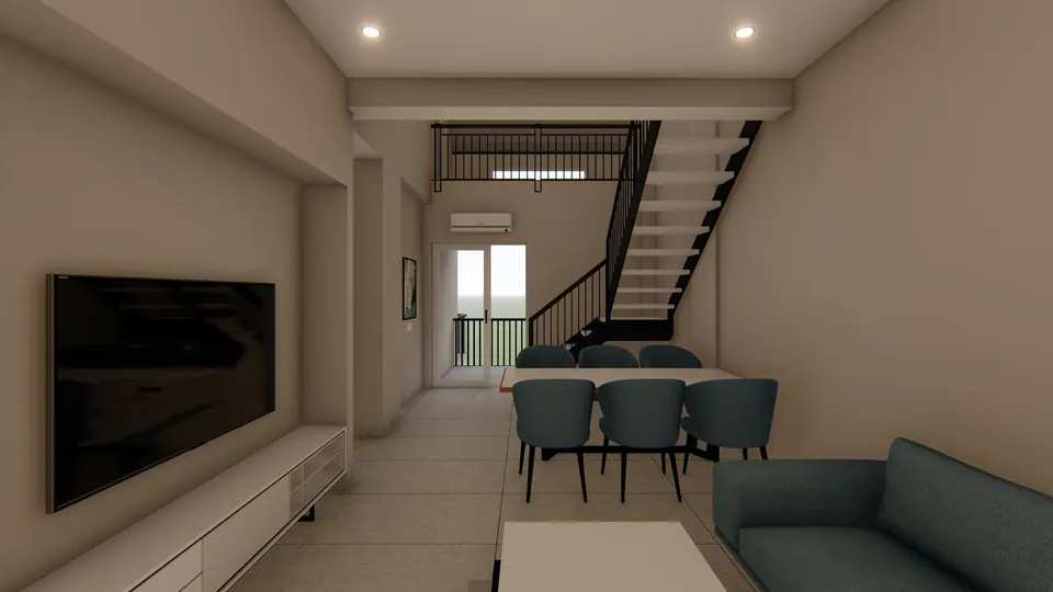 Rendered penthouse living and dining area with a TV wall, a dining table and an open stair to the upper level