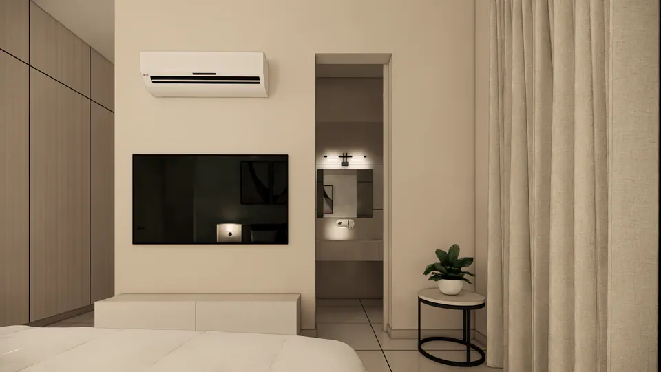 Rendered bedroom corner: a TV above a low unit, a timber wardrobe, the open bathroom door and a side table with a plant
