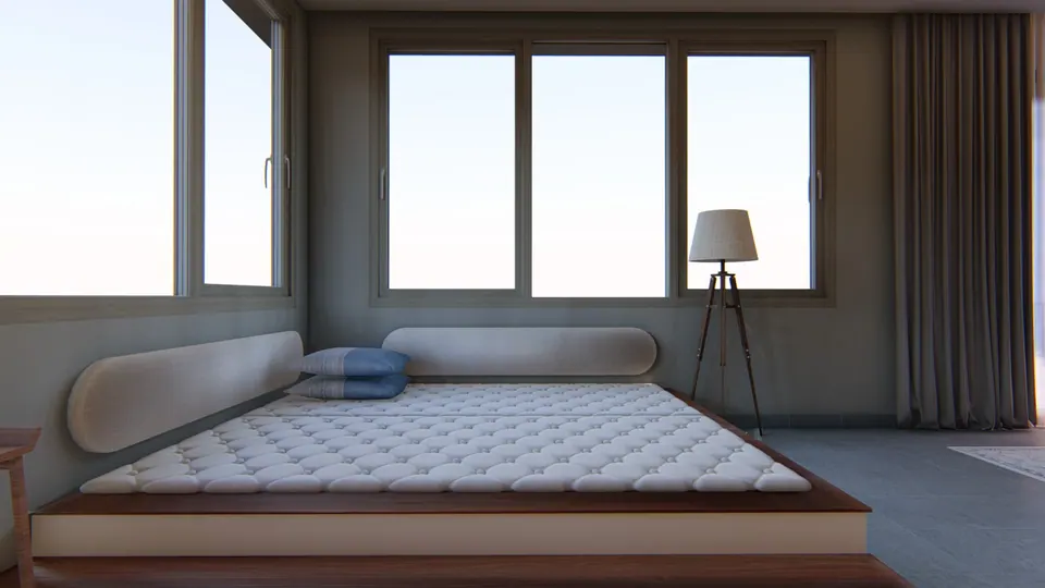 Rendered bedroom with a quilted mattress on a timber platform, long bolsters, a tripod floor lamp and a three-pane window