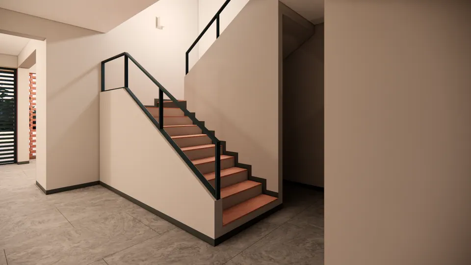 Rendered stair with terracotta treads and a black steel railing rising along a white wall