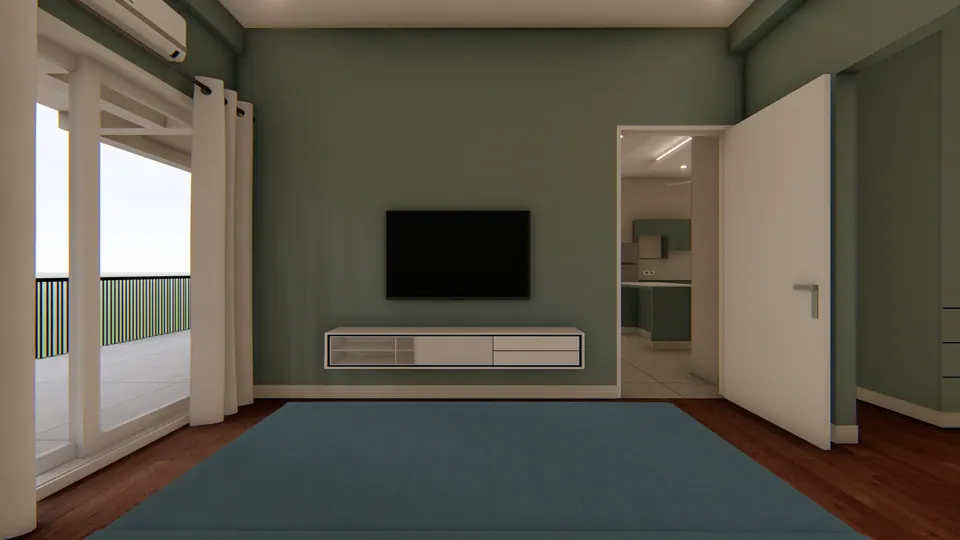 Rendered sage-green room with a TV unit, glazed doors to a balcony and a view through to the kitchen