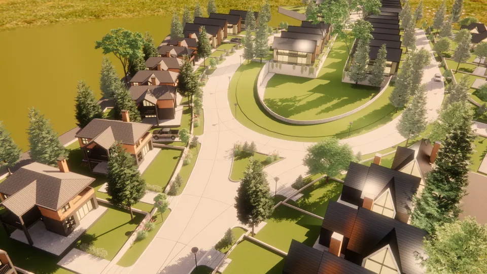 Rendered aerial of houses along a road curving around an oval green, in warm evening light