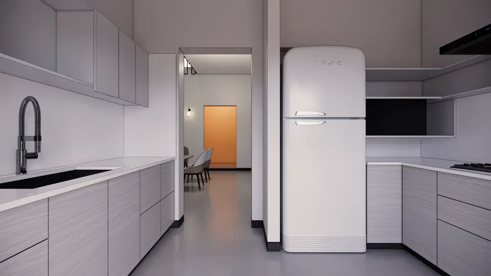 Rendered kitchen: grey wood-grain cabinets, a sink and a white refrigerator, with a doorway to the dining area and an orange door beyond