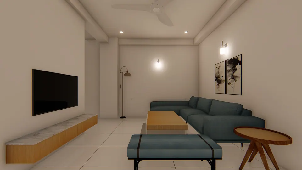 Rendered living room with a teal L-shaped sofa, a TV on a long timber console and abstract prints