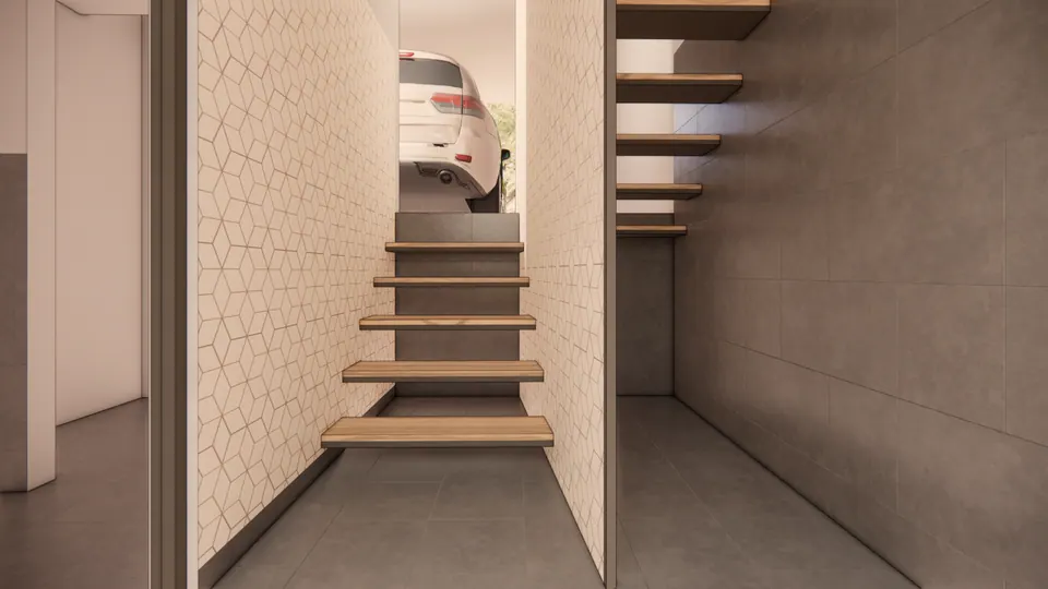 Rendered floating timber stair between a hexagon-patterned wall and a grey wall, the parked car beyond