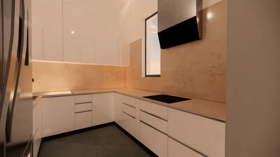 Rendered kitchen with white cabinets, a beige stone splashback and a black angled hood
