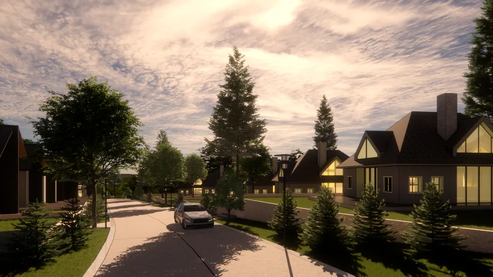 Rendered street with a car passing gabled houses with lit windows and a tall chimney, conifers in front