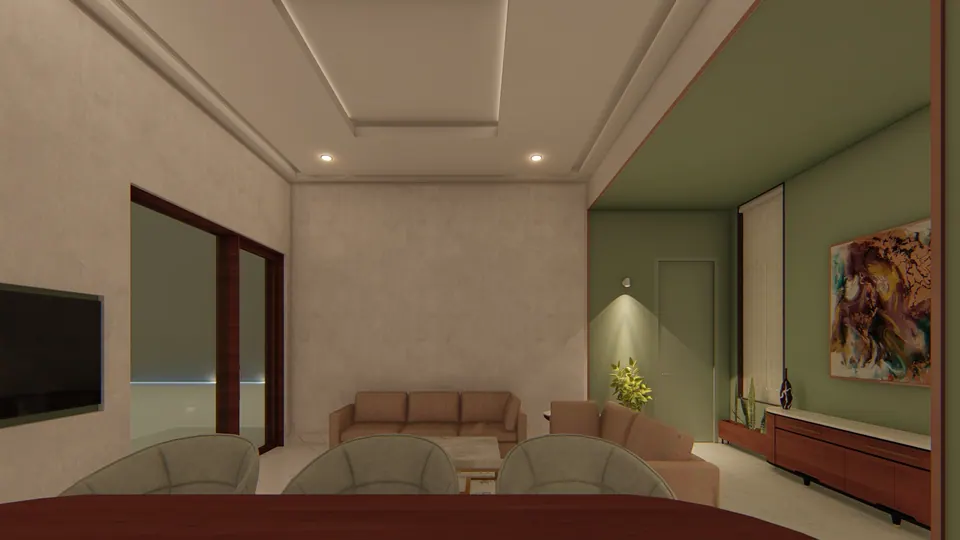 Rendered olive-green cabin seen from behind the desk: beige sofa and chairs, abstract painting and a timber console