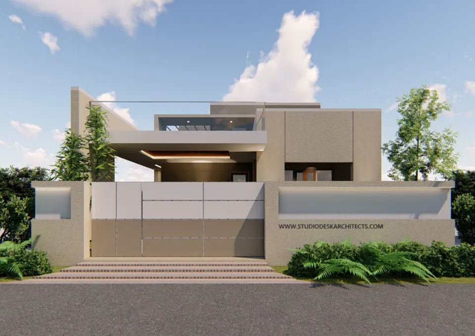 Rendered house with a deep cantilevered canopy and textured stone-grey walls behind a boundary wall and gate, steps in front