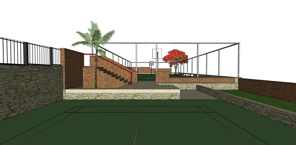 Untextured model view of a sunken court with stone and brick walls, a stair and a steel frame