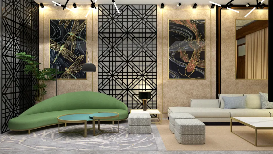 Rendered living room: a curved green sofa, round nesting tables, black geometric lattice screens and koi-fish artworks