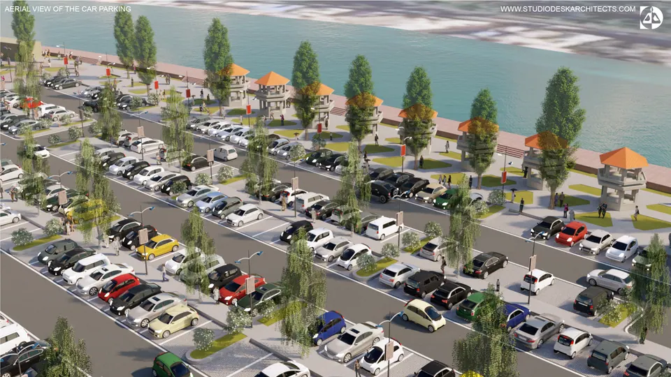 Rendered aerial of car parking rows separated by tree-lined strips, with kiosks along the river edge