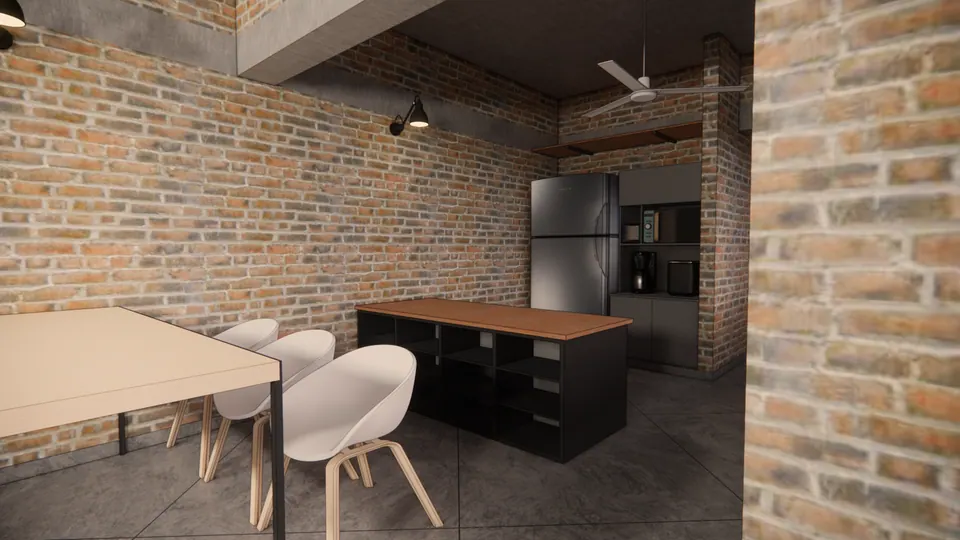 Rendered kitchen and dining with white chairs at a table, a black island with open shelves and a steel fridge